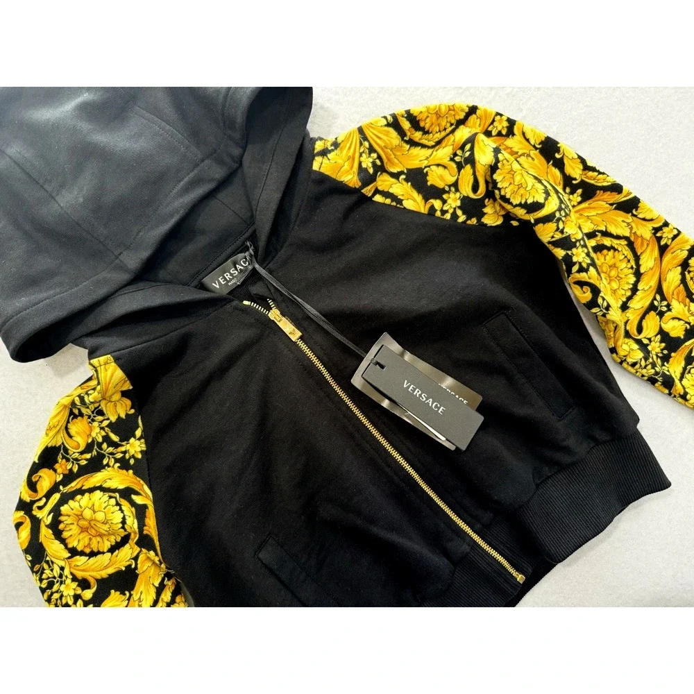 Versace‎ Girls' Barocco Zip Hoodie Black Gold Size 8 NWT $375
